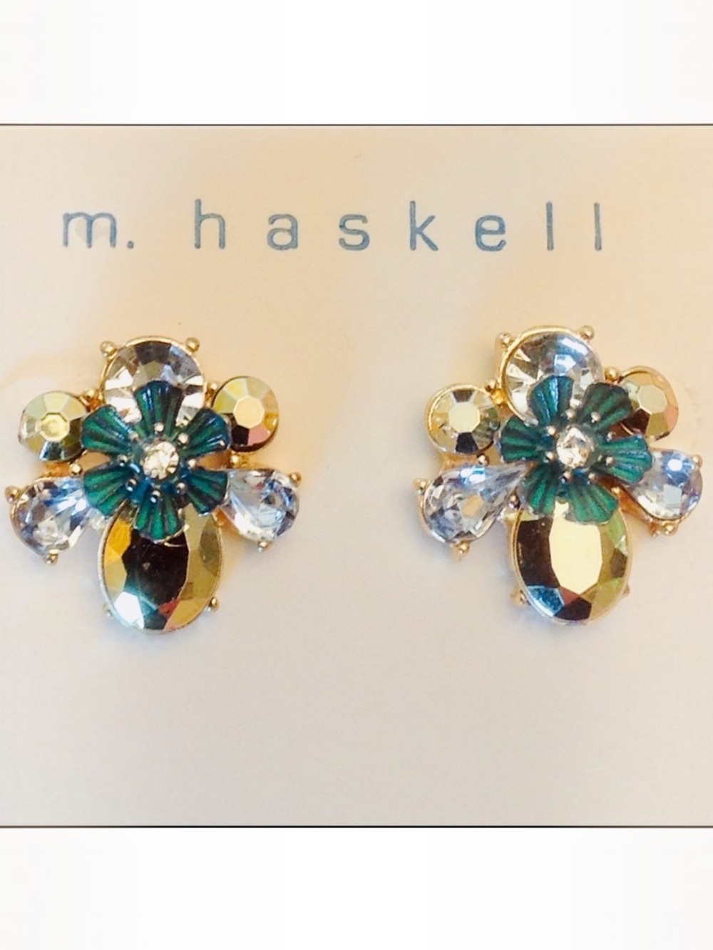 NWT m. Haskell Stud Earrings Crystal & Blue Flower Retro Gold-tone Setting